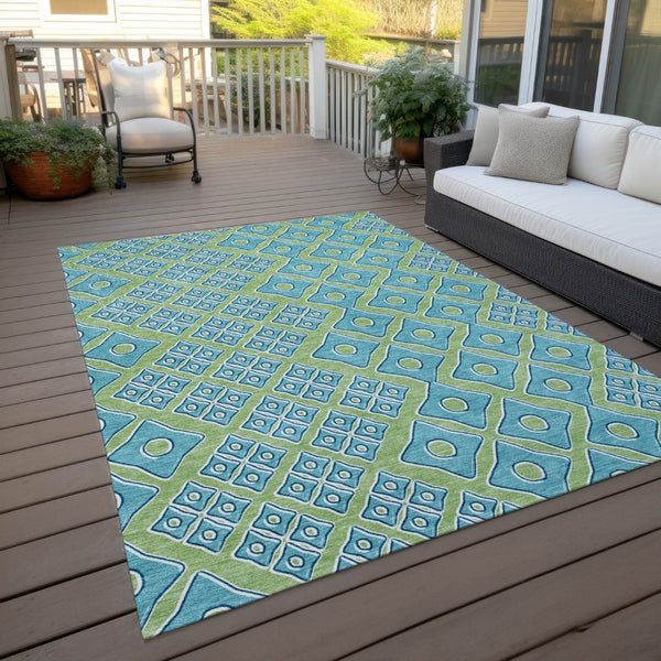 HomeRoots 5' Geometric Artichoke Green and Aqua Area Rug - Washable, Durable Design for Indoor & Outdoor Use 5' X 8' 590704