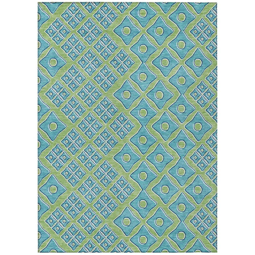 HomeRoots 5' Geometric Artichoke Green and Aqua Area Rug - Washable, Durable Design for Indoor & Outdoor Use 5' X 8' 590704