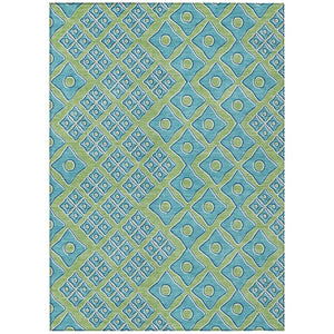HomeRoots 5' Geometric Artichoke Green and Aqua Area Rug - Washable, Durable Design for Indoor & Outdoor Use 5' X 8' 590704