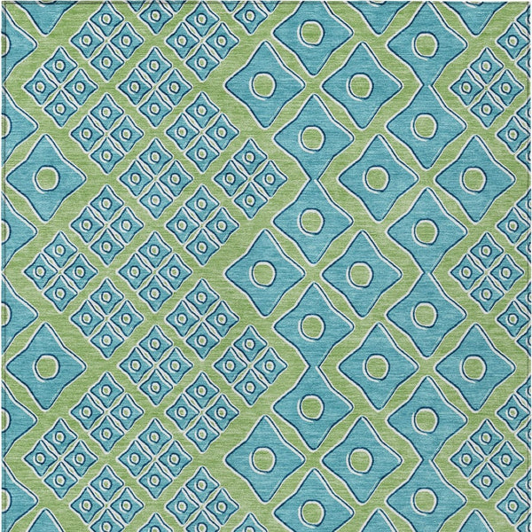 HomeRoots 5' Geometric Artichoke Green and Aqua Area Rug - Washable, Durable Design for Indoor & Outdoor Use 5' X 8' 590704