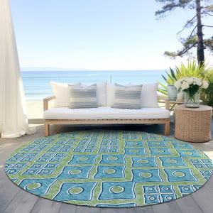 Homeroots 3' Artichoke Green And Aqua Geometric Washable Area Rug For Stylish Indoor Or Outdoor Spaces 8' Round Polyester 590705