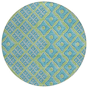 HomeRoots 5' Geometric Artichoke Green and Aqua Area Rug - Washable, Durable Design for Indoor & Outdoor Use 8' Round 590705
