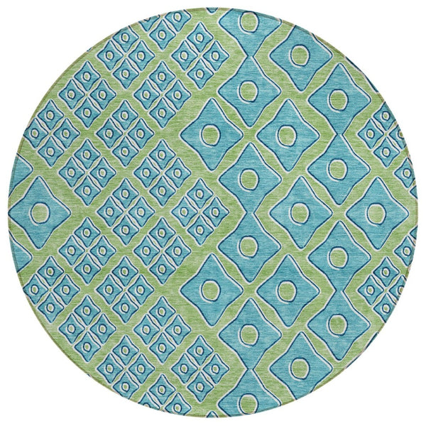 HomeRoots 5' Geometric Artichoke Green and Aqua Area Rug - Washable, Durable Design for Indoor & Outdoor Use 8' Round 590705