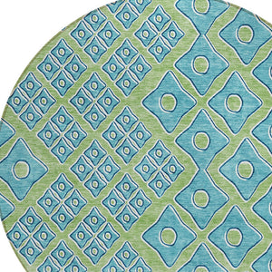 Homeroots 3' Artichoke Green And Aqua Geometric Washable Area Rug For Stylish Indoor Or Outdoor Spaces 8' Round Polyester 590705