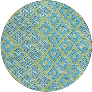 Homeroots 3' Artichoke Green And Aqua Geometric Washable Area Rug For Stylish Indoor Or Outdoor Spaces 8' Round Polyester 590705