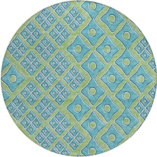 Homeroots 3' Artichoke Green And Aqua Geometric Washable Area Rug For Stylish Indoor Or Outdoor Spaces 8' Round Polyester 590705