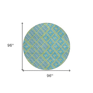 Homeroots 3' Artichoke Green And Aqua Geometric Washable Area Rug For Stylish Indoor Or Outdoor Spaces 8' Round Polyester 590705