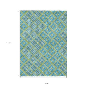 Homeroots 3' Artichoke Green And Aqua Geometric Washable Area Rug For Stylish Indoor Or Outdoor Spaces 9' X 12' Polyester 590707
