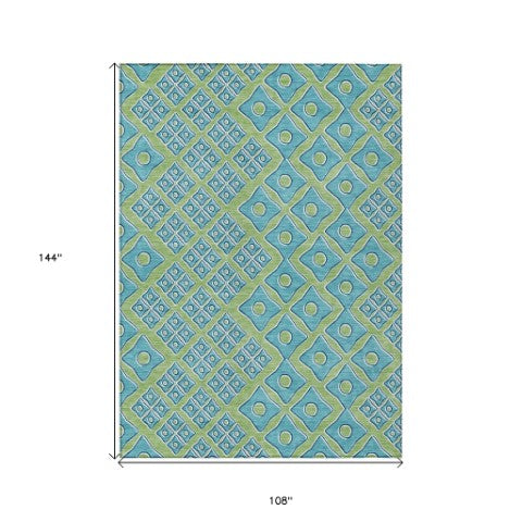 Homeroots 3' Artichoke Green And Aqua Geometric Washable Area Rug For Stylish Indoor Or Outdoor Spaces 9' X 12' Polyester 590707
