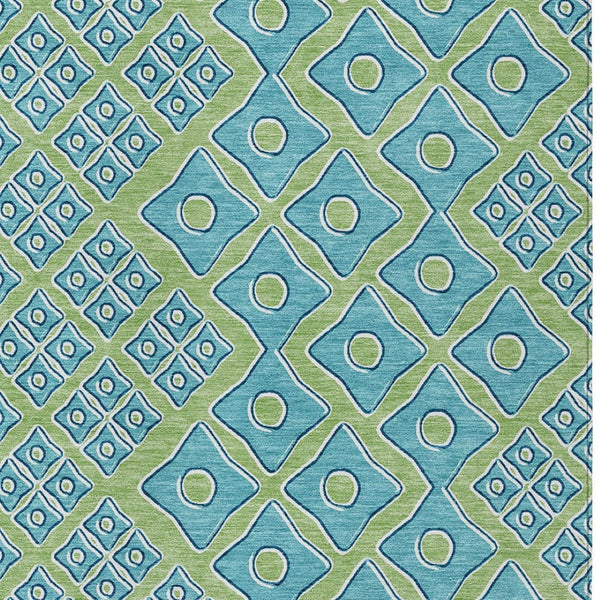 Homeroots 3' Artichoke Green And Aqua Geometric Washable Area Rug For Stylish Indoor Or Outdoor Spaces 9' X 12' Polyester 590707