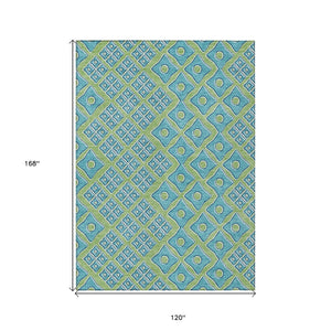 HomeRoots 5' Geometric Artichoke Green and Aqua Area Rug - Washable, Durable Design for Indoor & Outdoor Use 10' X 14' 590708