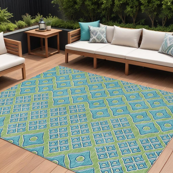 HomeRoots 5' Geometric Artichoke Green and Aqua Area Rug - Washable, Durable Design for Indoor & Outdoor Use 10' X 14' 590708