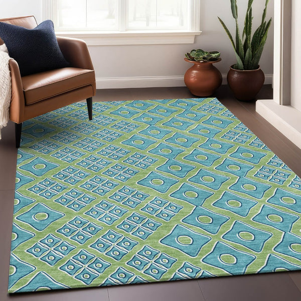 HomeRoots 5' Geometric Artichoke Green and Aqua Area Rug - Washable, Durable Design for Indoor & Outdoor Use 10' X 14' 590708