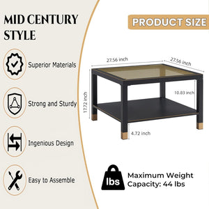 English Elm Industrial Square Coffee Table with Gold Mesh Tempered Glass Top and Matte Steel Legs Black+Gold W3587P456249