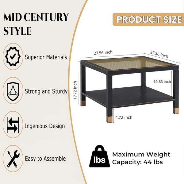 English Elm Industrial Square Coffee Table with Gold Mesh Tempered Glass Top and Matte Steel Legs Black+Gold W3587P456249