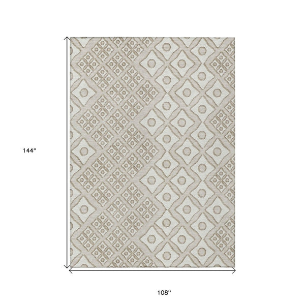 HomeRoots 9' Stylish Beige and Ivory Geometric Washable Area Rug for Indoor and Outdoor High Traffic Spaces 9' X 12' 590713