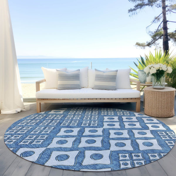 Homeroots 3' Artichoke Green And Aqua Geometric Washable Area Rug For Stylish Indoor Or Outdoor Spaces 8' Round Polyester 590729