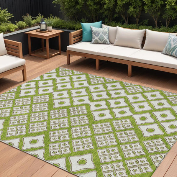 Homeroots 3' Artichoke Green And Aqua Geometric Washable Area Rug For Stylish Indoor Or Outdoor Spaces 8' X 10' Polyester 590748