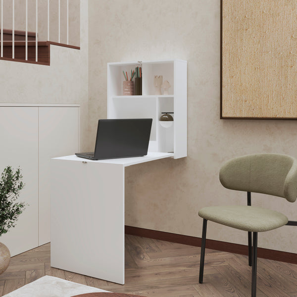 English Elm Virgin Wall-Mounted Floating Table White – Foldable Space-Saving Desk with 3 Open Shelves, Durable Engineered Wood B092P254743