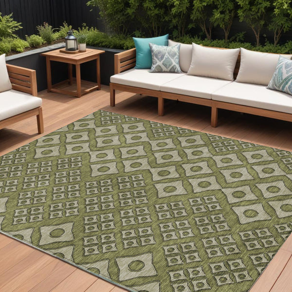 Homeroots 3' Artichoke Green And Aqua Geometric Washable Area Rug For Stylish Indoor Or Outdoor Spaces 9' X 12' Polyester 590761