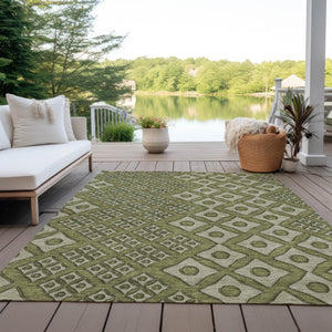 Homeroots 3' Artichoke Green And Aqua Geometric Washable Area Rug For Stylish Indoor Or Outdoor Spaces 9' X 12' Polyester 590761