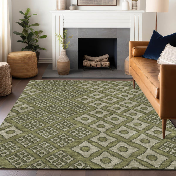 Homeroots 3' Artichoke Green And Aqua Geometric Washable Area Rug For Stylish Indoor Or Outdoor Spaces 9' X 12' Polyester 590761