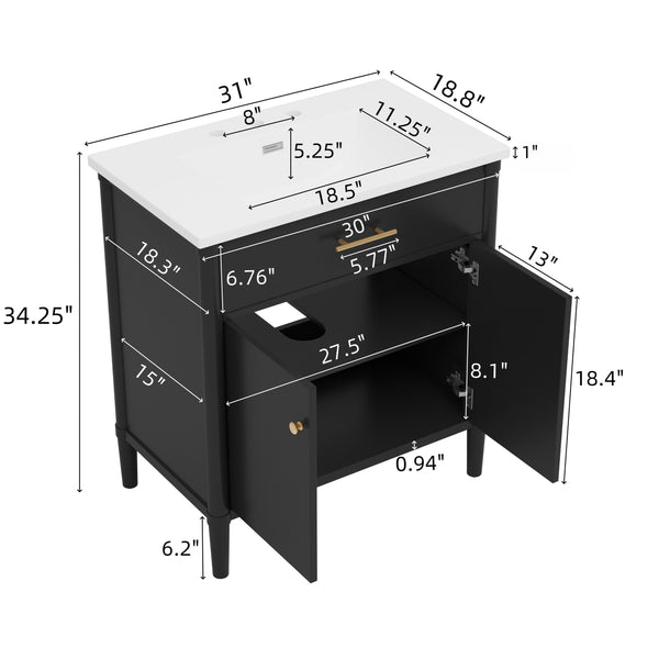English Elm Christopher Knight Home® - 30 Inches Bathroom Vanity With Integrated Sink, Soft-Close Doors & Curved Design For Stylish Storage N817P299509B
