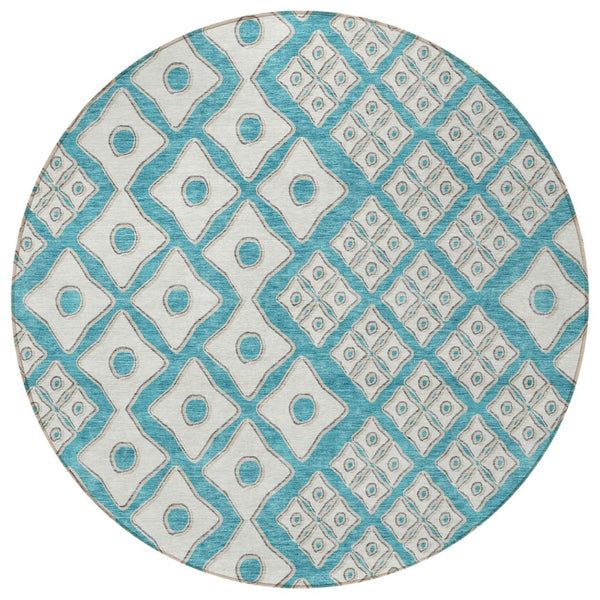Homeroots 3' Artichoke Green And Aqua Geometric Washable Area Rug For Stylish Indoor Or Outdoor Spaces 8' Round Polyester 590771