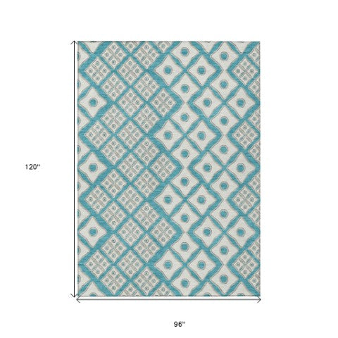 Homeroots 3' Artichoke Green And Aqua Geometric Washable Area Rug For Stylish Indoor Or Outdoor Spaces 8' X 10' Polyester 590772