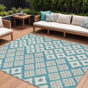 Homeroots 3' Artichoke Green And Aqua Geometric Washable Area Rug For Stylish Indoor Or Outdoor Spaces 9' X 12' Polyester 590773