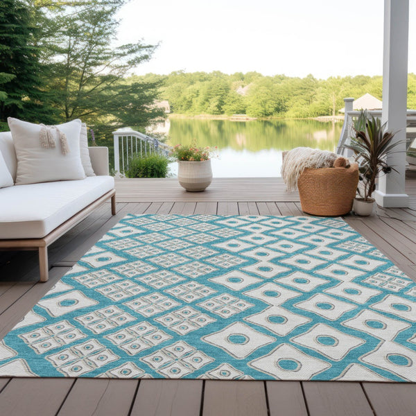 Homeroots 3' Artichoke Green And Aqua Geometric Washable Area Rug For Stylish Indoor Or Outdoor Spaces 10' X 14' Polyester 590774