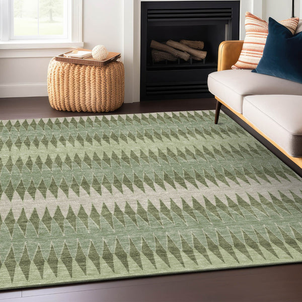 Homeroots 3' Stylish Artichoke Green Striped Area Rug – Washable & Durable For Indoor Outdoor Use 8' X 10' Polyester 590778