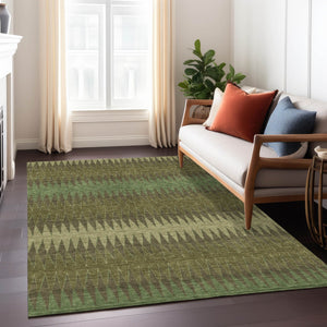Homeroots 3' Stylish Artichoke Green Striped Area Rug – Washable & Durable For Indoor Outdoor Use 9' X 12' Polyester 590815