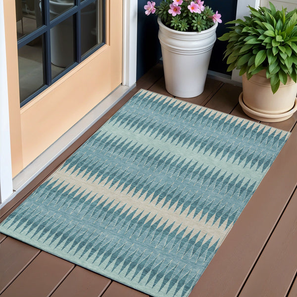 Homeroots 3' Stylish Artichoke Green Striped Area Rug – Washable & Durable For Indoor Outdoor Use 3' X 5' Polyester 590835