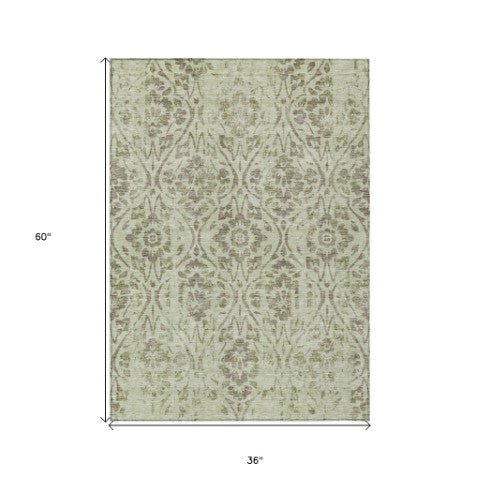 Homeroots 3' Artichoke Green Floral Washable Area Rug For Indoor & Outdoor Use - Stain Resistant Design 3' X 5' Polyester 590847