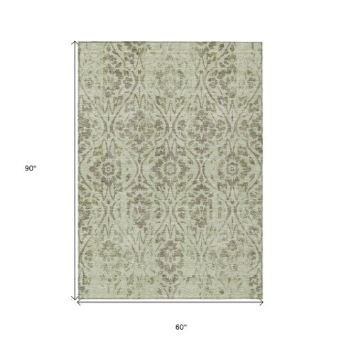 Homeroots 3' Artichoke Green Floral Washable Area Rug For Indoor & Outdoor Use - Stain Resistant Design 5' X 8' Polyester 590848