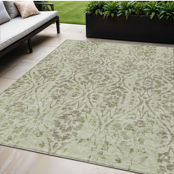 Homeroots 3' Artichoke Green Floral Washable Area Rug For Indoor & Outdoor Use - Stain Resistant Design 5' X 8' Polyester 590848