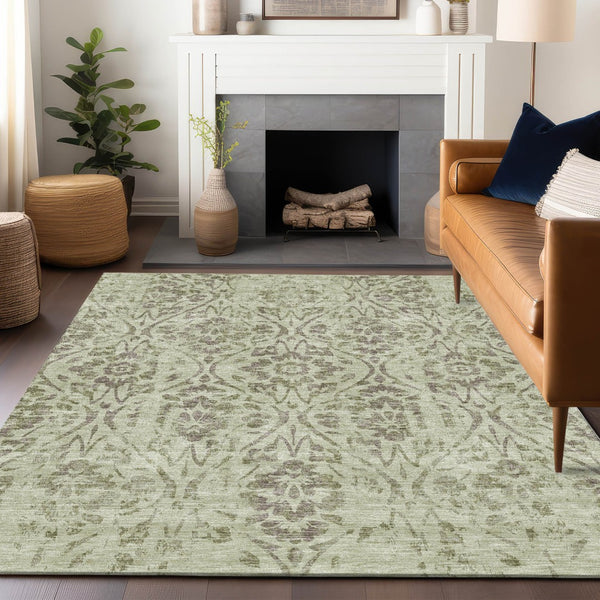 Homeroots 3' Artichoke Green Floral Washable Area Rug For Indoor & Outdoor Use - Stain Resistant Design 10' X 14' Polyester 590852