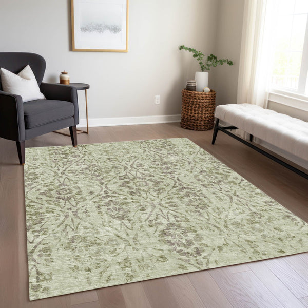 Homeroots 3' Artichoke Green Floral Washable Area Rug For Indoor & Outdoor Use - Stain Resistant Design 10' X 14' Polyester 590852