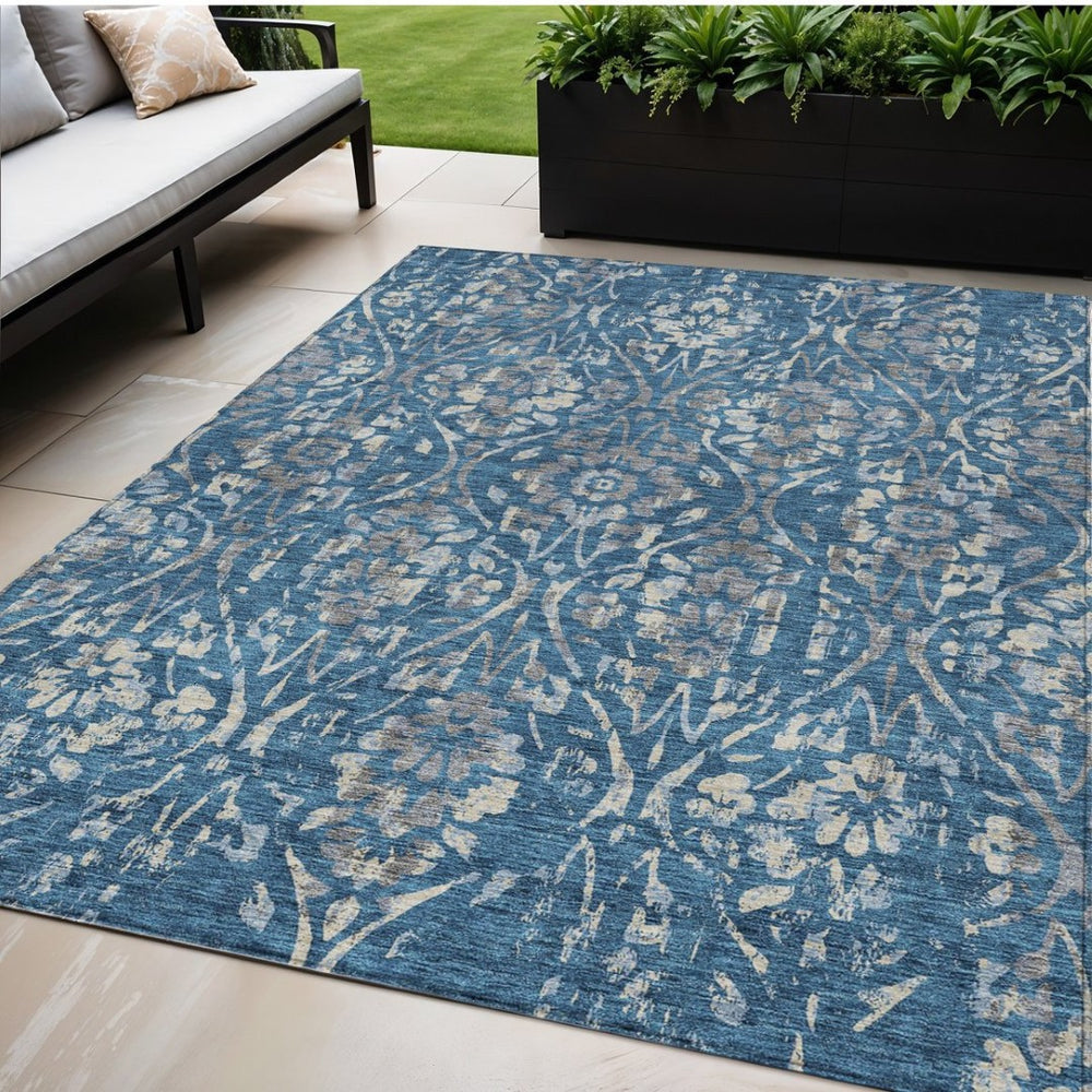 HomeRoots 5' Blue and Ivory Floral Area Rug - Durable, Washable, Indoor/Outdoor Design for Elegant Spaces 5' X 8' 590872