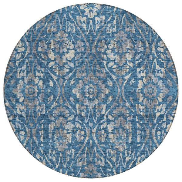 HomeRoots 5' Blue and Ivory Floral Area Rug - Durable, Washable, Indoor/Outdoor Design for Elegant Spaces 8' Round 590873
