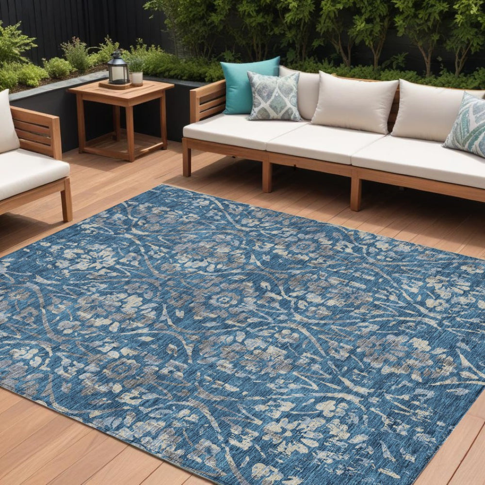 HomeRoots 9' Floral Area Rug in Blue and Ivory - Durable, Washable Design for Indoor and Outdoor Spaces 9' X 12' 590875