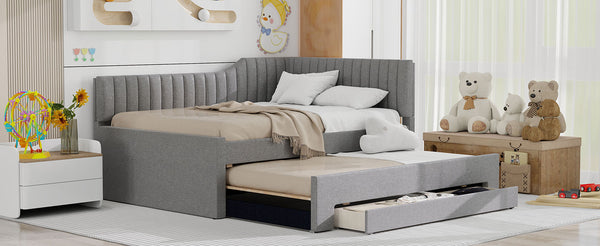English Elm Full Upholstered Daybed with Trundle and Three Drawers, Linen-Blend Fabric, Space-Saving Guest Bed, Storage-Friendly Design Gray DL002058AAE
