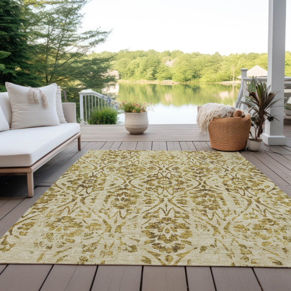 Homeroots 3' Artichoke Green Floral Washable Area Rug For Indoor & Outdoor Use - Stain Resistant Design 9' X 12' Polyester 590881