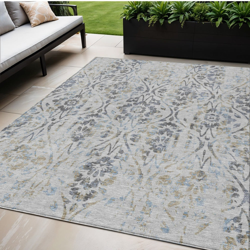 HomeRoots 5' Timeless Gray Black and Green Floral Washable Area Rug for Indoor and Outdoor Durability 5' X 8' 590884