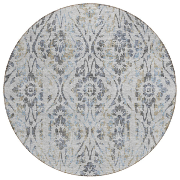 HomeRoots 5' Timeless Gray Black and Green Floral Washable Area Rug for Indoor and Outdoor Durability 8' Round 590885