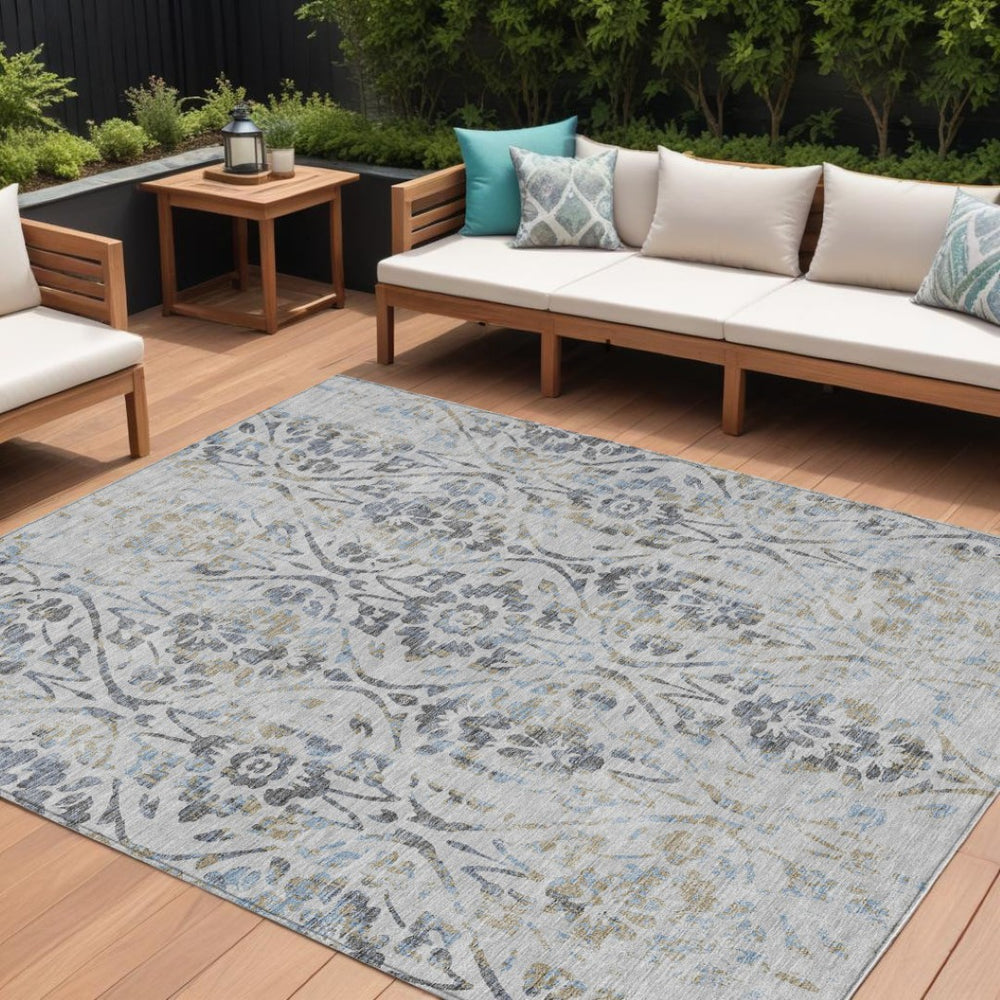 HomeRoots 9' Gray Black and Green Floral Washable Area Rug for Indoor and Outdoor Spaces, Durable & Stylish 9' X 12' 590887