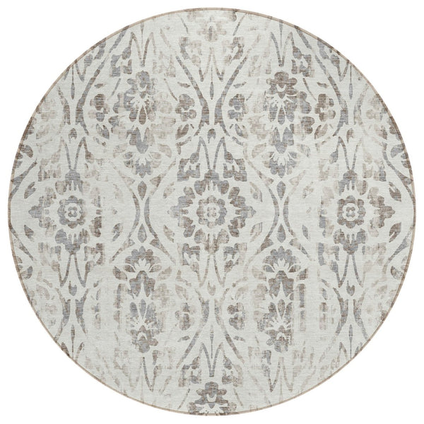 HomeRoots 5' Ivory and Brown Floral Area Rug - Durable, Washable Design for Indoor & Outdoor Spaces 8' Round 590891