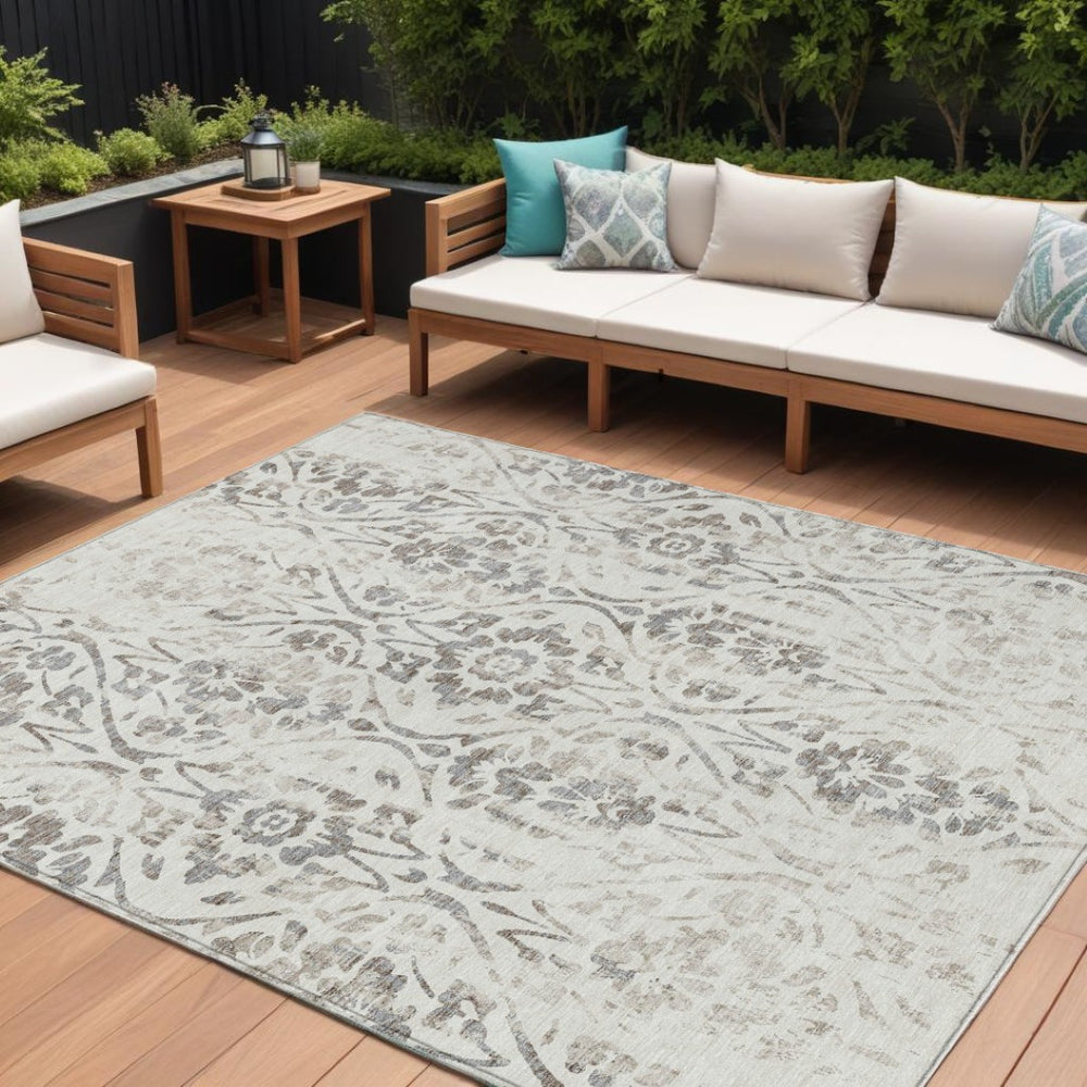 HomeRoots 9' Ivory and Brown Floral Area Rug - Durable, Washable Design for Indoor and Outdoor Spaces 9' X 12' 590893