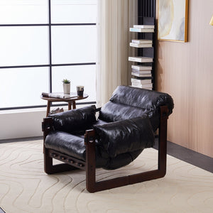 English Elm Medieval premium lounge chair with oil-waxed leather, removable cushion, mortise & tenon frame stability Antique Black W2989P328542